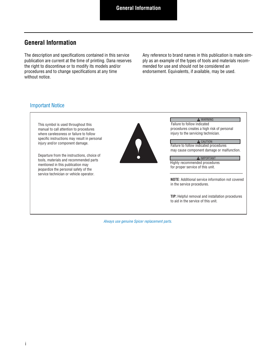 General information, Important notice | Spicer Single Drive Axles Service Manual: Single Reduction & Single Reduction with Differential Lock User Manual | Page 2 / 70