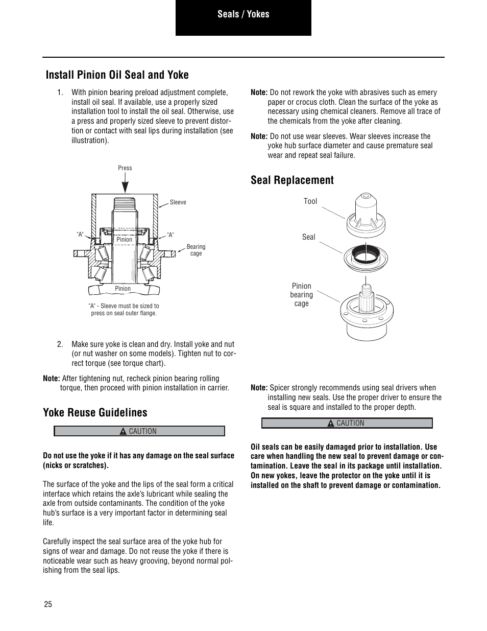 Install pinion oil seal and yoke, Yoke reuse guidelines, Seal replacement | Spicer Single Drive Axles Service Manual: Single Reduction & Single Reduction with Differential Lock User Manual | Page 28 / 70