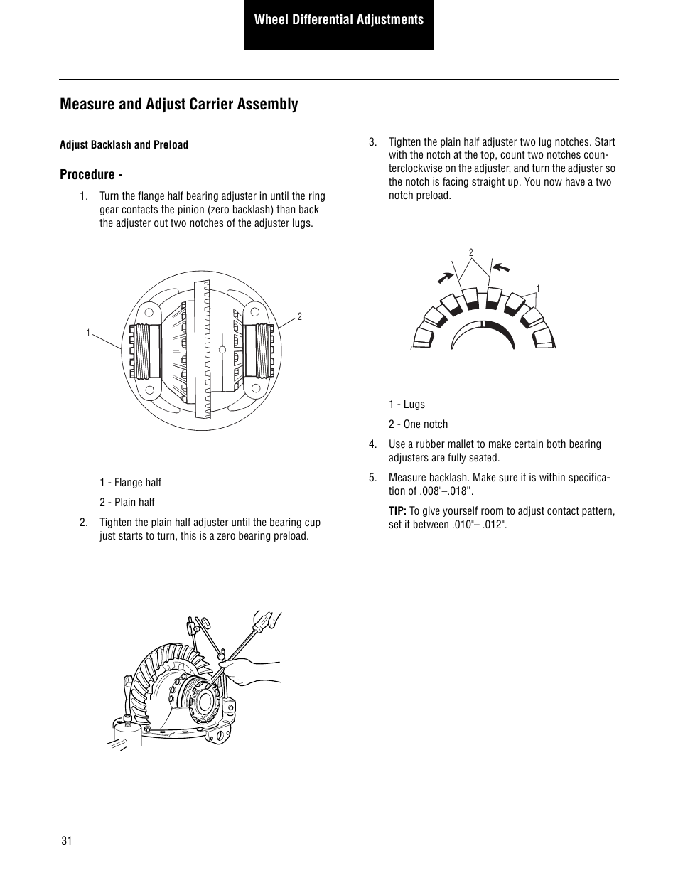 Measure and adjust carrier assembly, Adjust backlash and preload | Spicer Single Drive Axles Service Manual: Single Reduction & Single Reduction with Differential Lock User Manual | Page 34 / 70