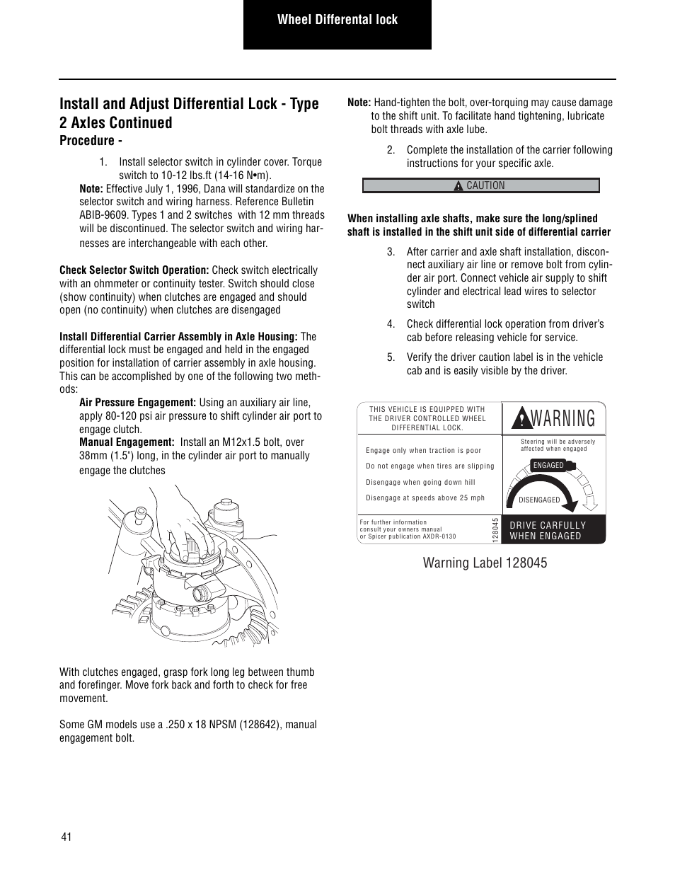 Warning, Wheel differental lock, Procedure | Spicer Single Drive Axles Service Manual: Single Reduction & Single Reduction with Differential Lock User Manual | Page 44 / 70