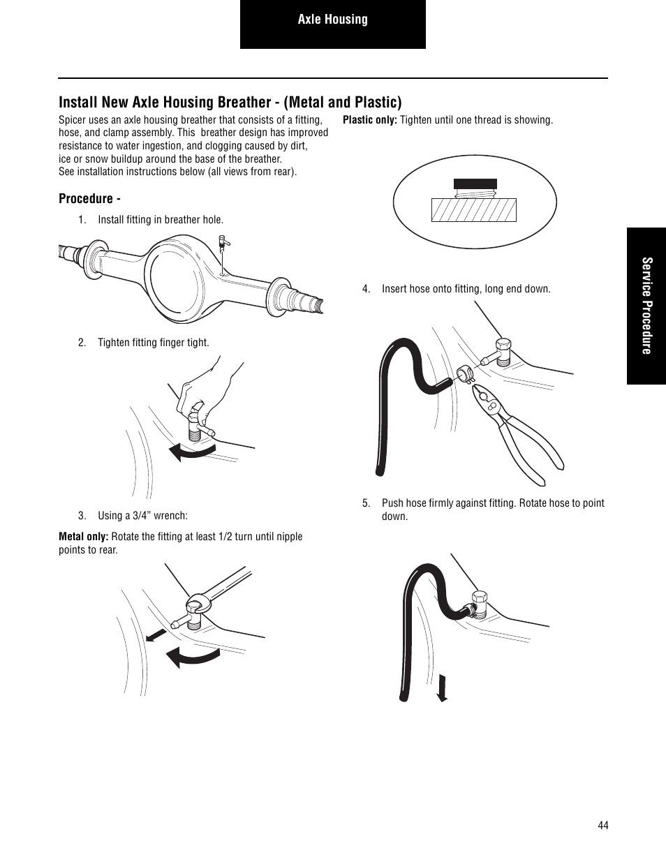 Install new axle housing breather, Metal and plastic) | Spicer Single Drive Axles Service Manual: Single Reduction & Single Reduction with Differential Lock User Manual | Page 47 / 70