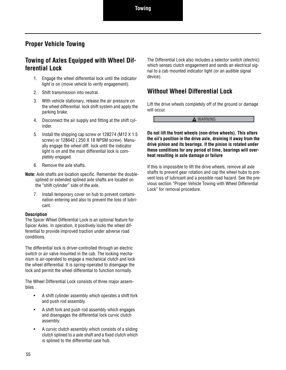 Proper vehicle towing, Without wheel differential lock | Spicer Single Drive Axles Service Manual: Single Reduction & Single Reduction with Differential Lock User Manual | Page 58 / 70
