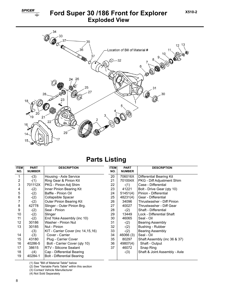 Parts listing, Exploded view | Spicer Ford Applications 1999-2011 Light Axle Parts User Manual | Page 8 / 89