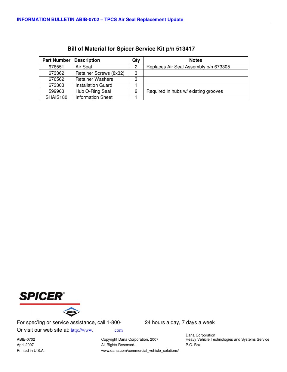 Spicer TPCS Air Seal Replacement Update User Manual | Page 3 / 3