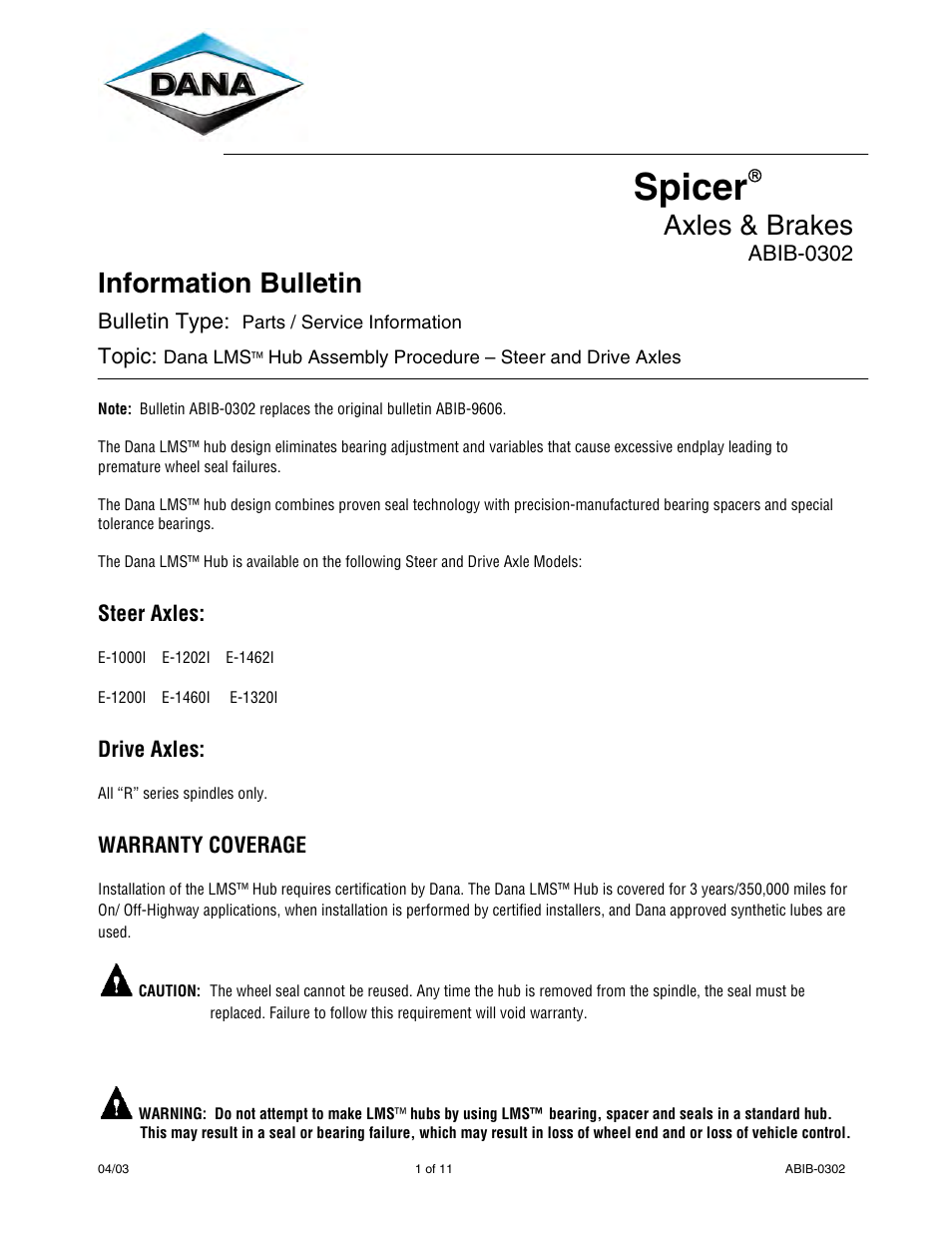 Spicer Dana LMS Hub Assembly Procedure User Manual | 11 pages