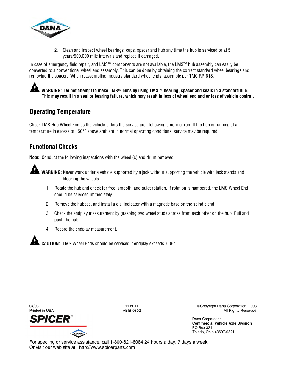 Operating temperature, Functional checks | Spicer Dana LMS Hub Assembly Procedure User Manual | Page 11 / 11