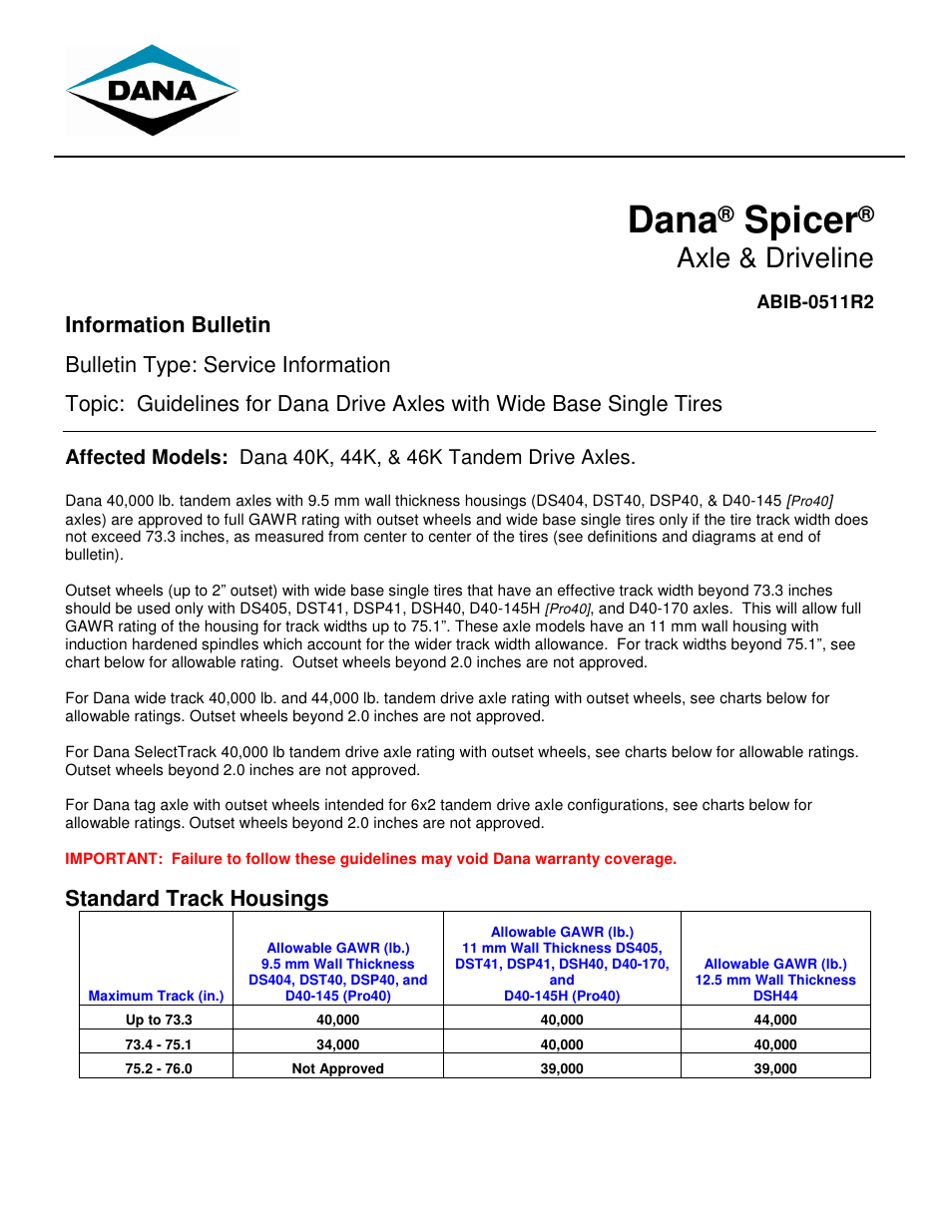 Spicer Dana Drive Axles with Wide Base Single Tires - Guidelines User Manual | 4 pages