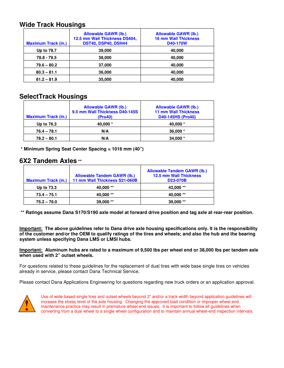 Wide track housings, Selecttrack housings, 6x2 tandem axles | Spicer Dana Drive Axles with Wide Base Single Tires - Guidelines User Manual | Page 2 / 4