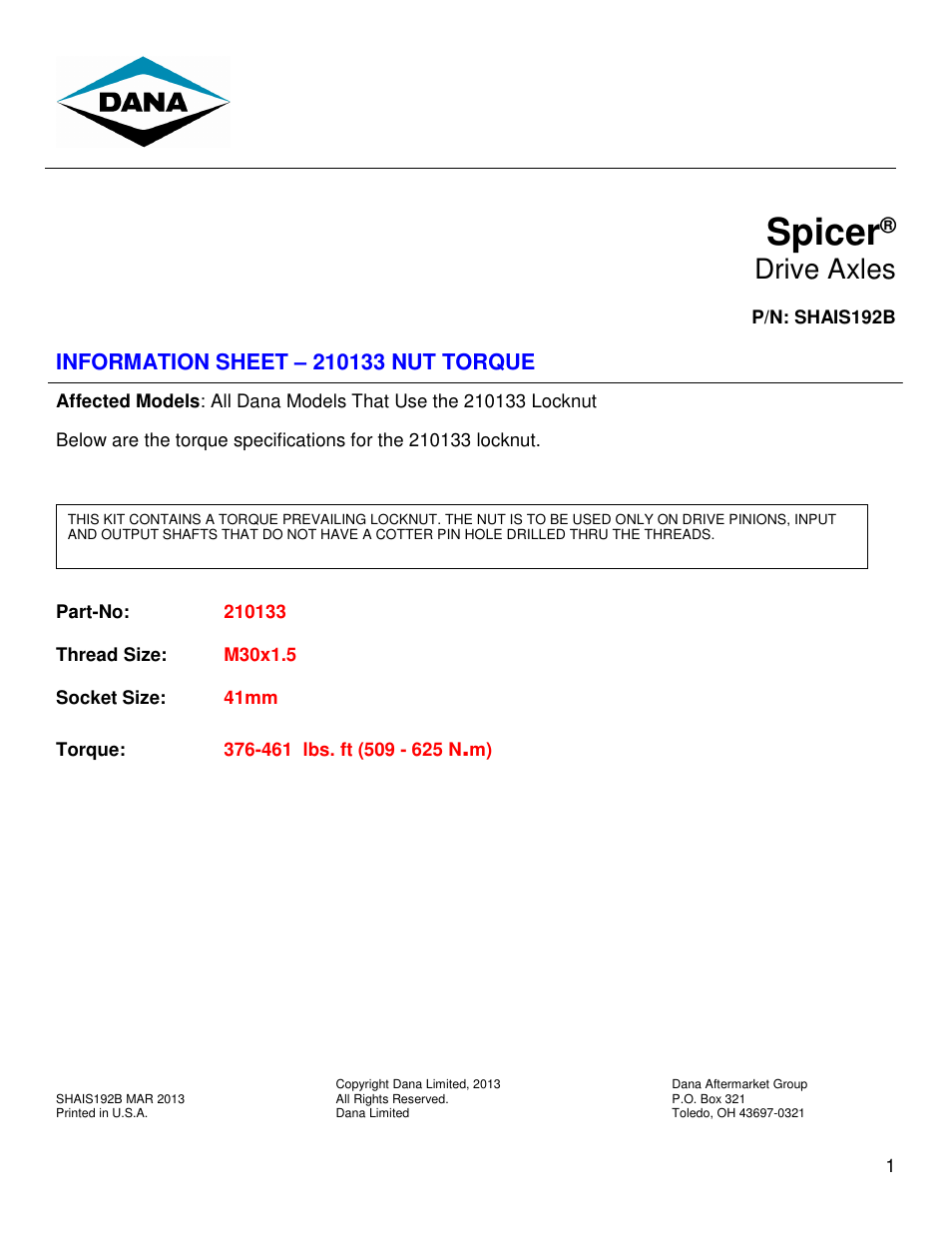 Spicer 210133 User Manual | 1 page