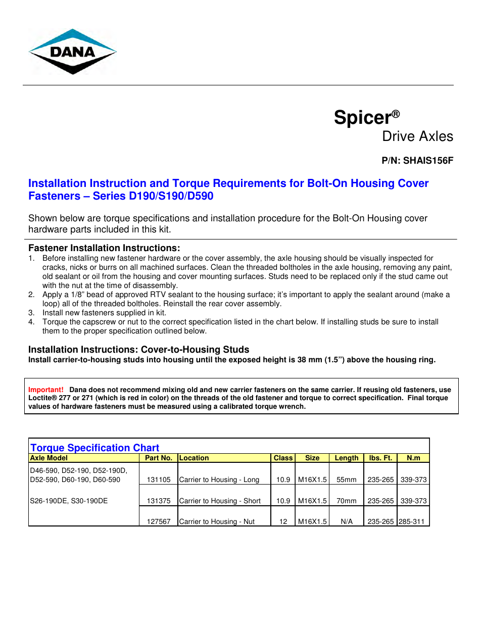Spicer D590 Installation User Manual | 2 pages
