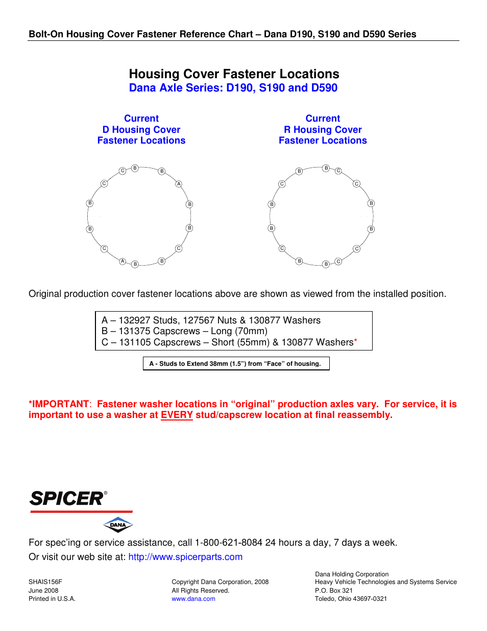 Housing cover fastener locations, Current d housing cover fastener locations, Current r housing cover fastener locations | Spicer D590 Installation User Manual | Page 2 / 2
