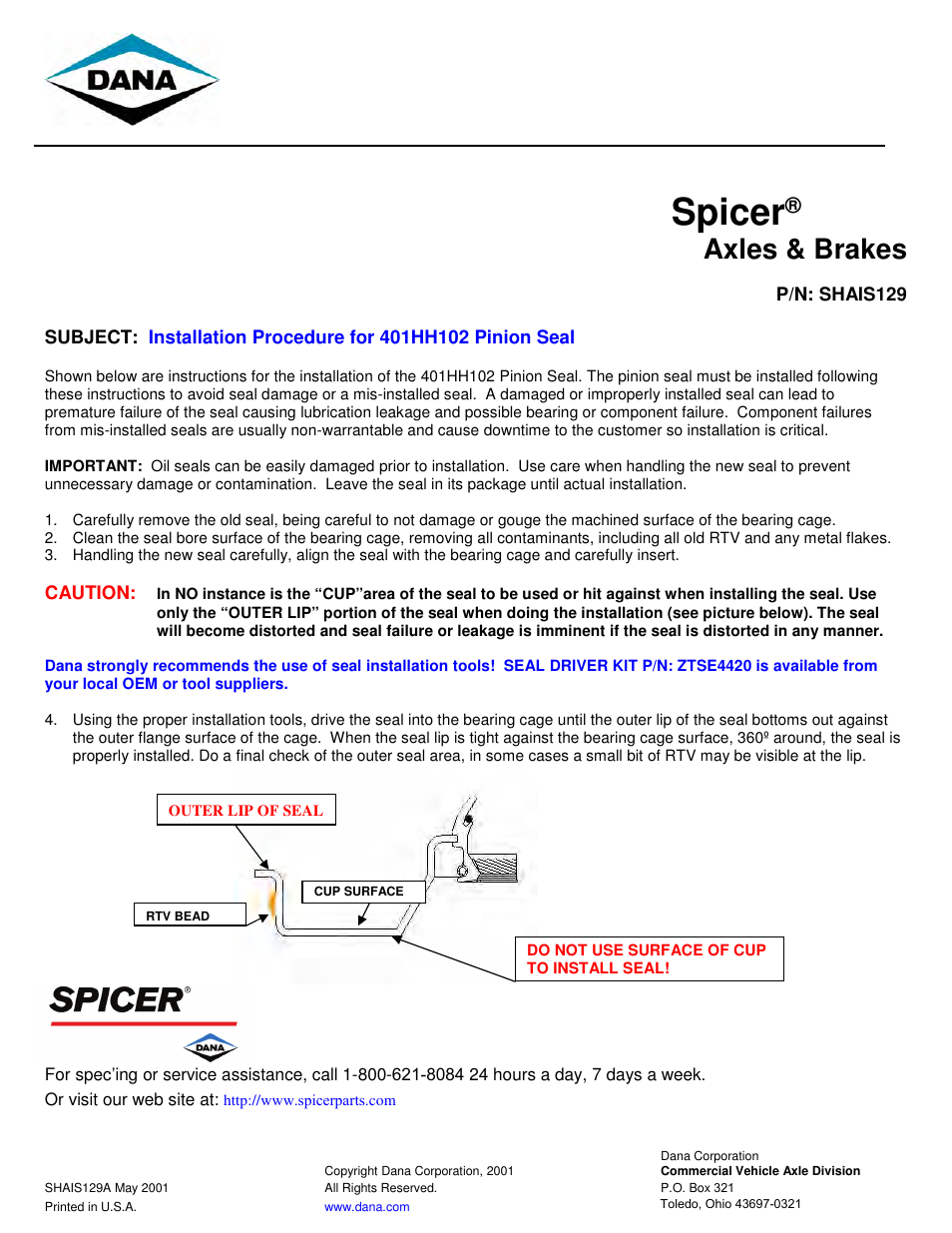 Spicer 401HH102 Pinion Seal User Manual | 1 page