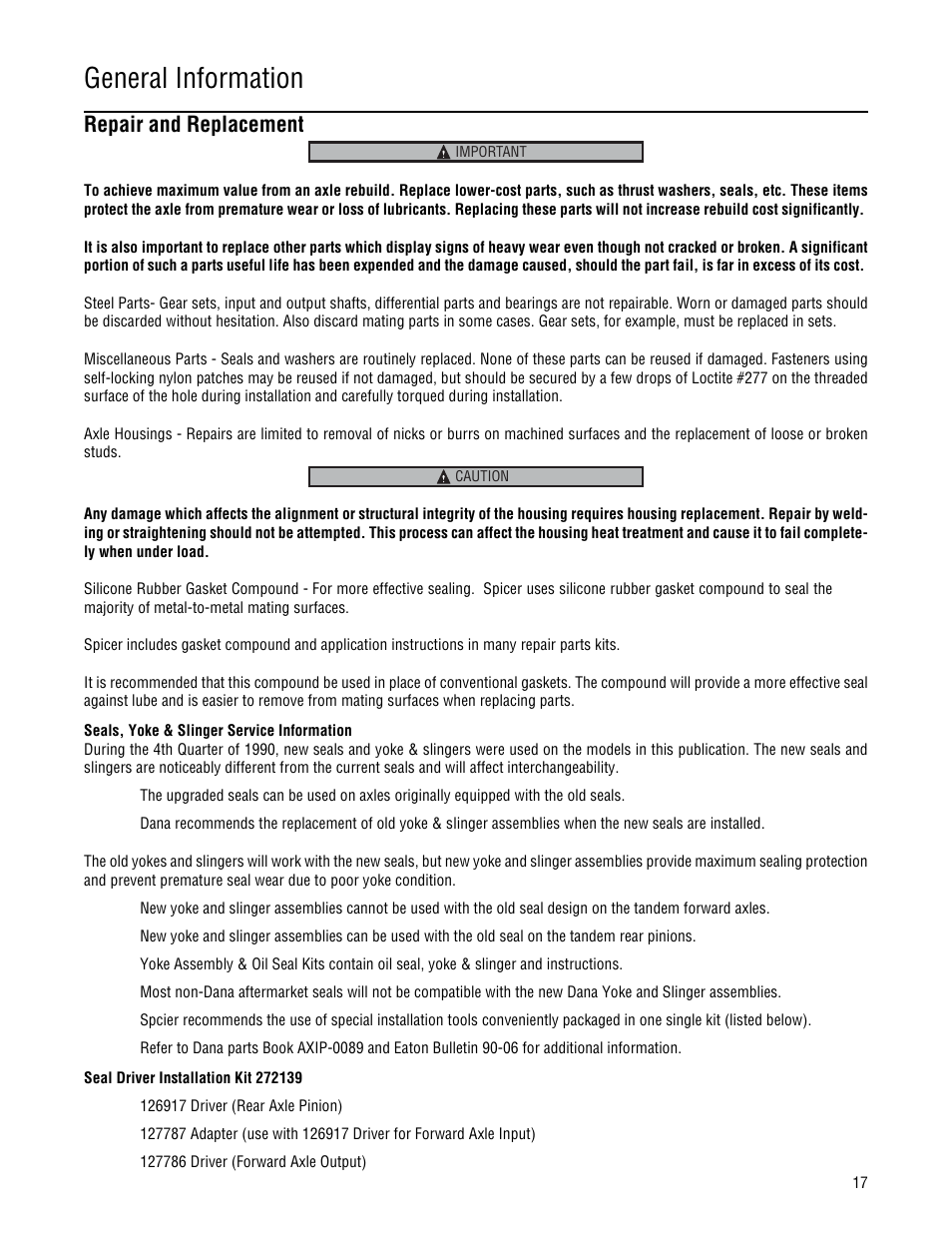 General information, Repair and replacement | Spicer Single Drive Axles Service Manual: 34DS, 34RS, 38DS, 38RS, DS340, RS340, DS380, RS380, DS400, RS400, DS3 User Manual | Page 20 / 98