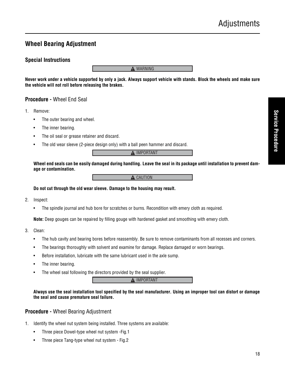 Wheel bearing adjustment, Adjustments | Spicer Single Drive Axles Service Manual: 34DS, 34RS, 38DS, 38RS, DS340, RS340, DS380, RS380, DS400, RS400, DS3 User Manual | Page 21 / 98