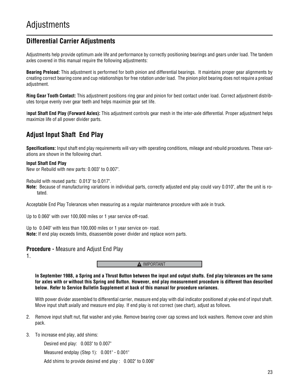 Differential carrier adjustments, Adjustments, Adjust input shaft end play | Spicer Single Drive Axles Service Manual: 34DS, 34RS, 38DS, 38RS, DS340, RS340, DS380, RS380, DS400, RS400, DS3 User Manual | Page 26 / 98