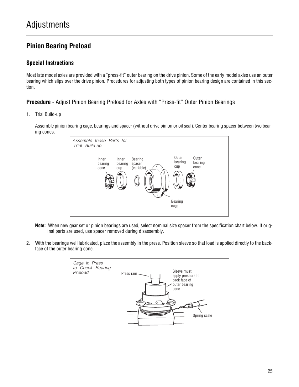 Pinion bearing preload, Adjustments, Special instructions | Spicer Single Drive Axles Service Manual: 34DS, 34RS, 38DS, 38RS, DS340, RS340, DS380, RS380, DS400, RS400, DS3 User Manual | Page 28 / 98