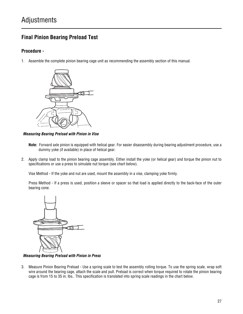 Final pinion bearing preload test, Adjustments | Spicer Single Drive Axles Service Manual: 34DS, 34RS, 38DS, 38RS, DS340, RS340, DS380, RS380, DS400, RS400, DS3 User Manual | Page 30 / 98