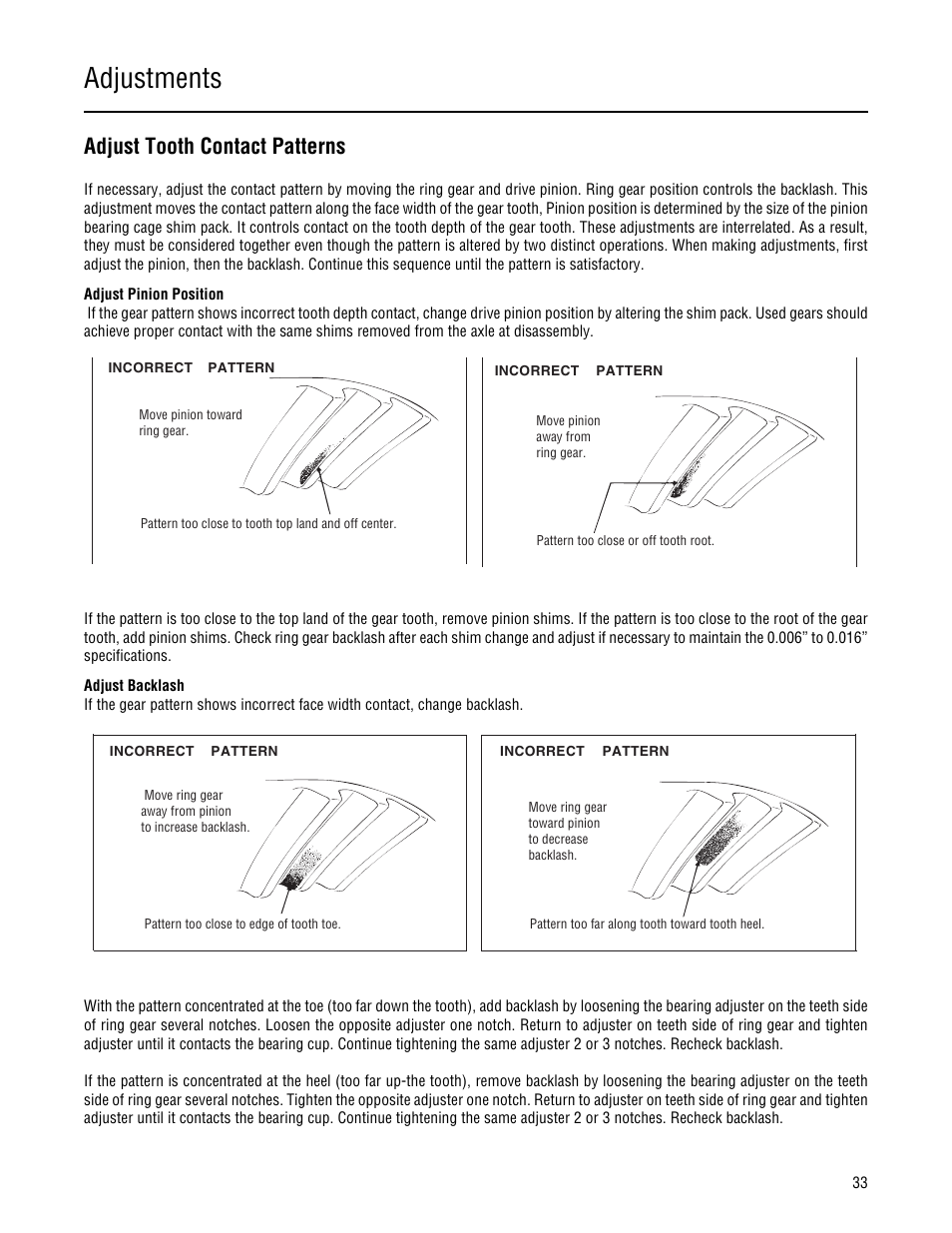 Adjustments, Adjust tooth contact patterns | Spicer Single Drive Axles Service Manual: 34DS, 34RS, 38DS, 38RS, DS340, RS340, DS380, RS380, DS400, RS400, DS3 User Manual | Page 36 / 98