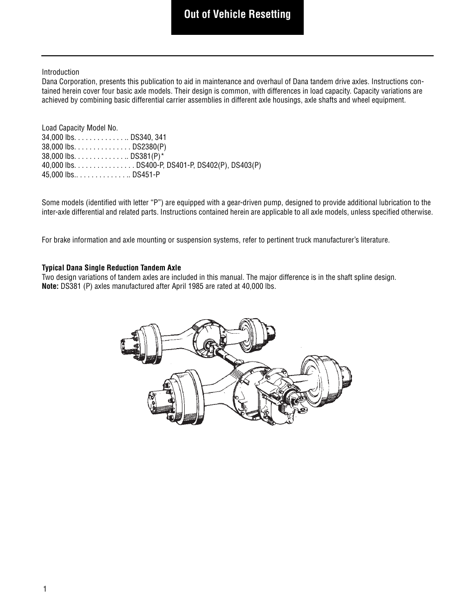 Introduction, Out of vehicle resetting | Spicer Single Drive Axles Service Manual: 34DS, 34RS, 38DS, 38RS, DS340, RS340, DS380, RS380, DS400, RS400, DS3 User Manual | Page 4 / 98