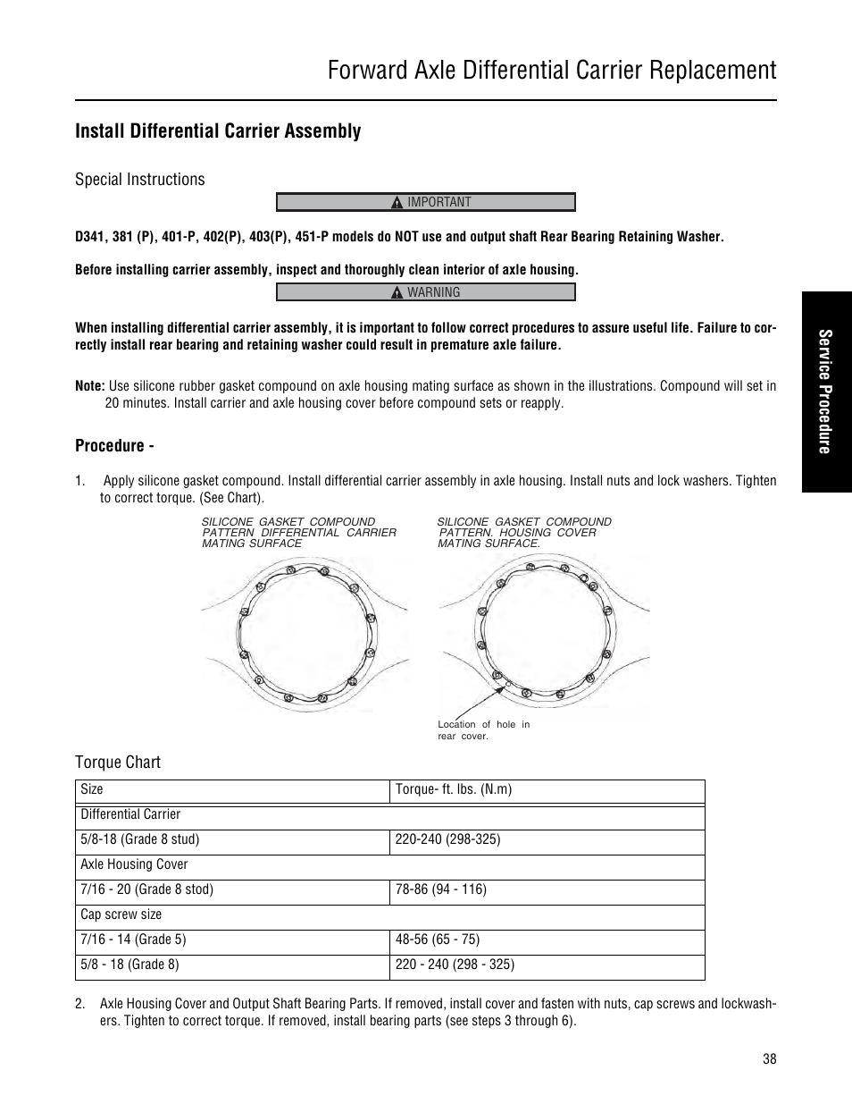 Install differential carrier assembly, Forward axle differential carrier replacement | Spicer Single Drive Axles Service Manual: 34DS, 34RS, 38DS, 38RS, DS340, RS340, DS380, RS380, DS400, RS400, DS3 User Manual | Page 41 / 98