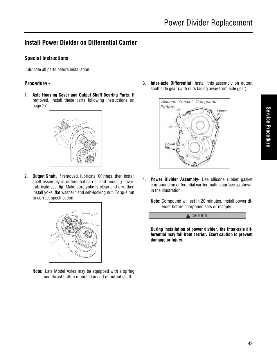 Install power divider on differential carrier, Power divider replacement | Spicer Single Drive Axles Service Manual: 34DS, 34RS, 38DS, 38RS, DS340, RS340, DS380, RS380, DS400, RS400, DS3 User Manual | Page 45 / 98