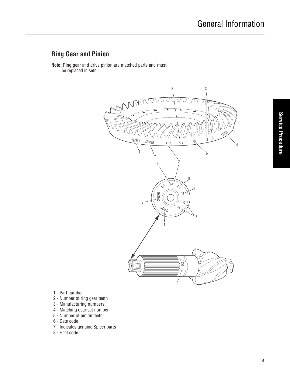 General information, Ring gear and pinion, Ser vice procedure | Spicer Single Drive Axles Service Manual: 34DS, 34RS, 38DS, 38RS, DS340, RS340, DS380, RS380, DS400, RS400, DS3 User Manual | Page 7 / 98