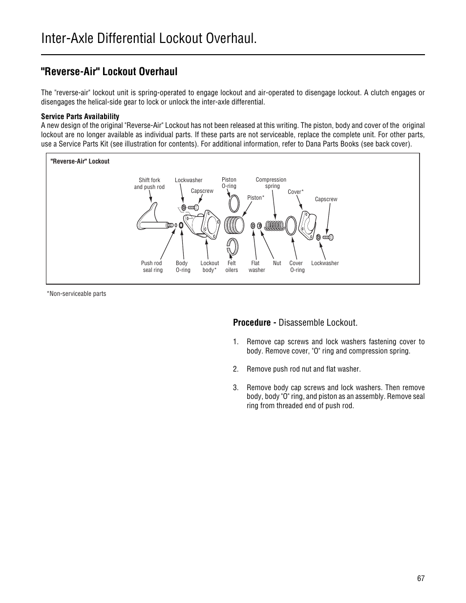 Reverse-air" lockout overhaul, Inter-axle differential lockout overhaul, Procedure - disassemble lockout | Spicer Single Drive Axles Service Manual: 34DS, 34RS, 38DS, 38RS, DS340, RS340, DS380, RS380, DS400, RS400, DS3 User Manual | Page 70 / 98
