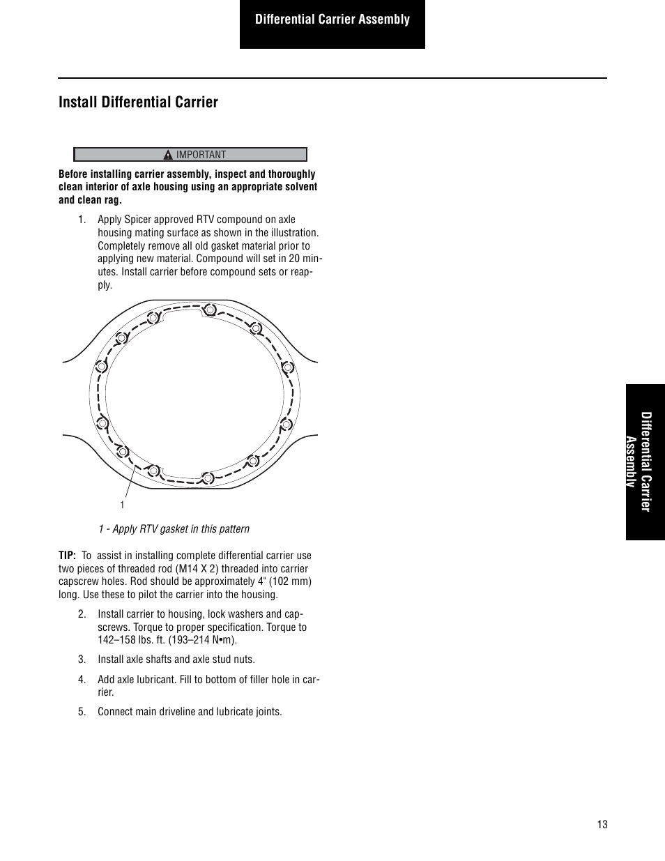 Install differential carrier | Spicer Single Drive Axles Service Manual: S110 and S130 User Manual | Page 16 / 54