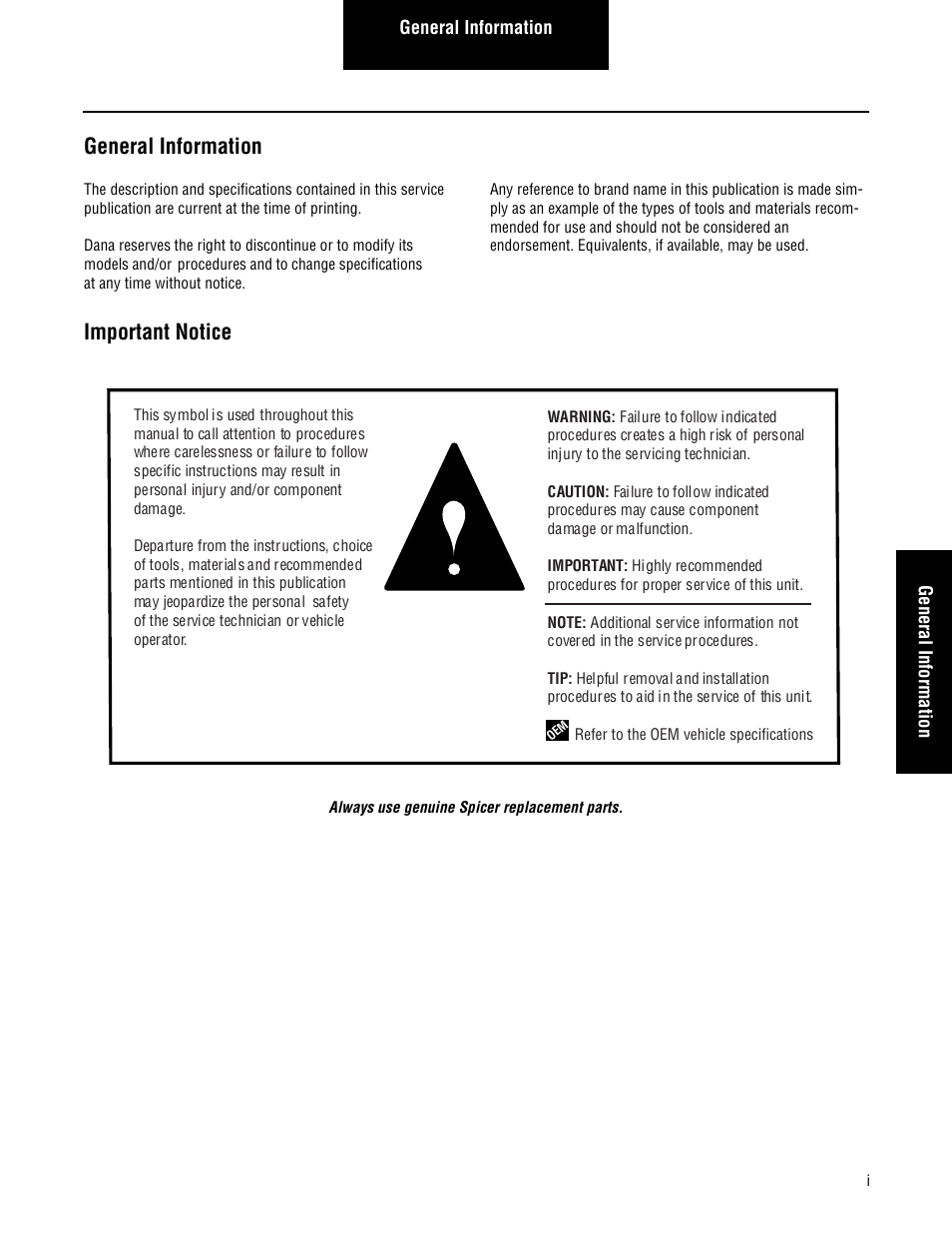 General information, Important notice | Spicer Single Drive Axles Service Manual: S110 and S130 User Manual | Page 2 / 54