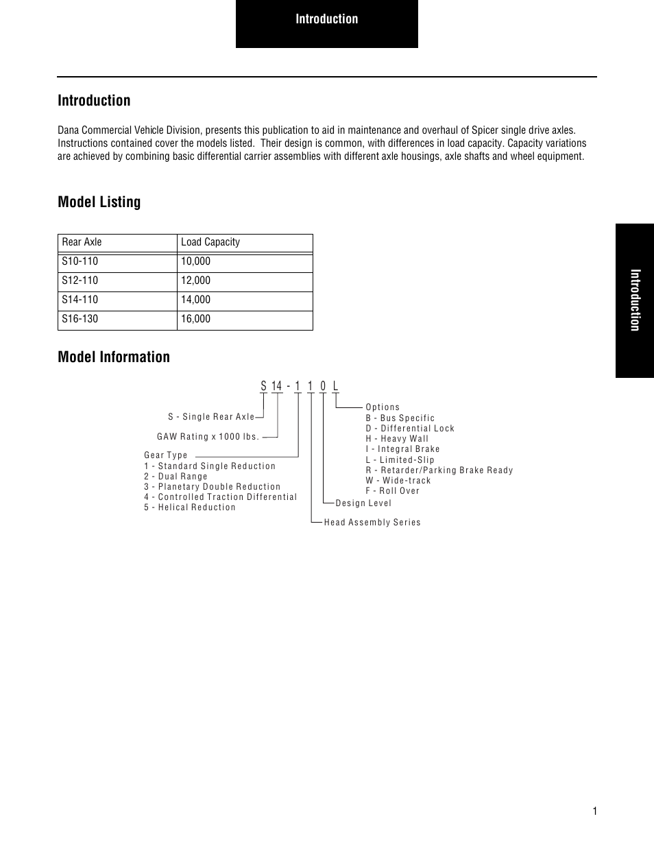 Introduction, Model listing, Model information | Model listing model information | Spicer Single Drive Axles Service Manual: S110 and S130 User Manual | Page 4 / 54