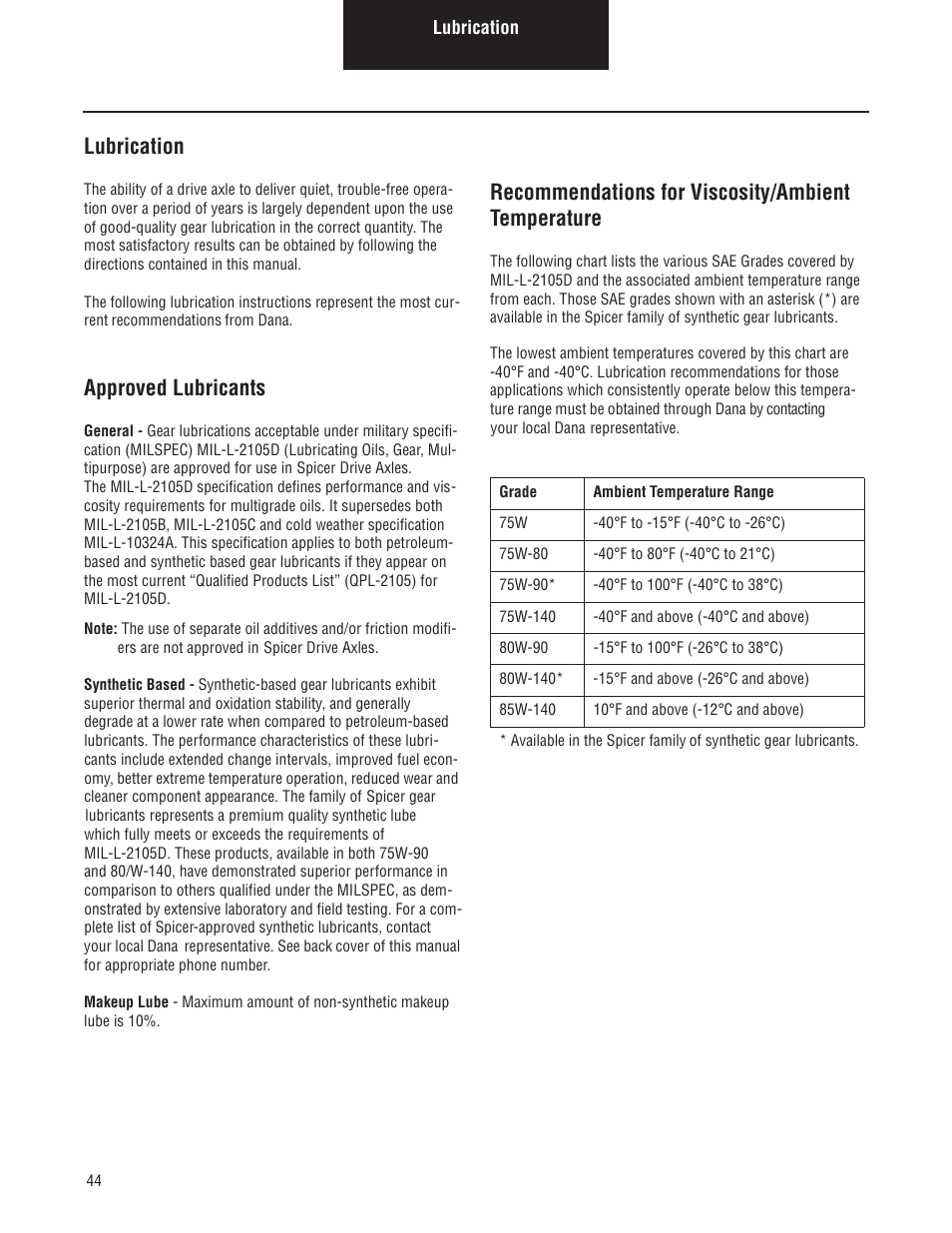 Lubrication, Approved lubricants, Recommendations for viscosity/ambient temperature | Spicer Single Drive Axles Service Manual: S110 and S130 User Manual | Page 47 / 54