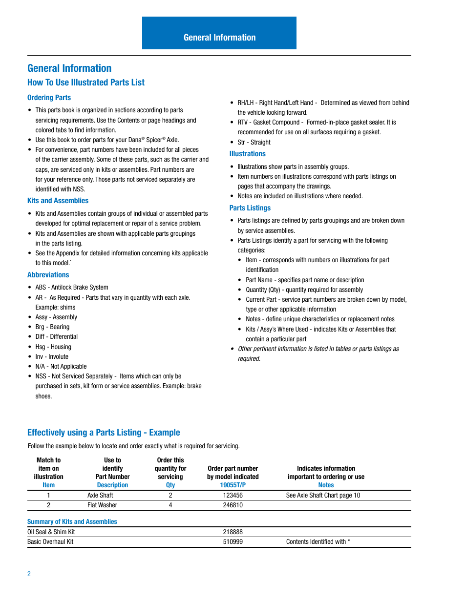 General information, How to use illustrated parts list, Effectively using a parts listing - example | Spicer Drive Axles Illustrated Parts List 19055T_P, 21065T_P, 22065T_P User Manual | Page 4 / 20