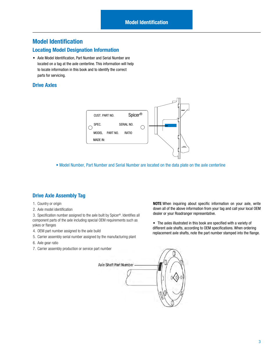 Model identification, Locating model designation information, Drive axles drive axle assembly tag | Spicer Drive Axles Illustrated Parts List 19055T_P, 21065T_P, 22065T_P User Manual | Page 5 / 20