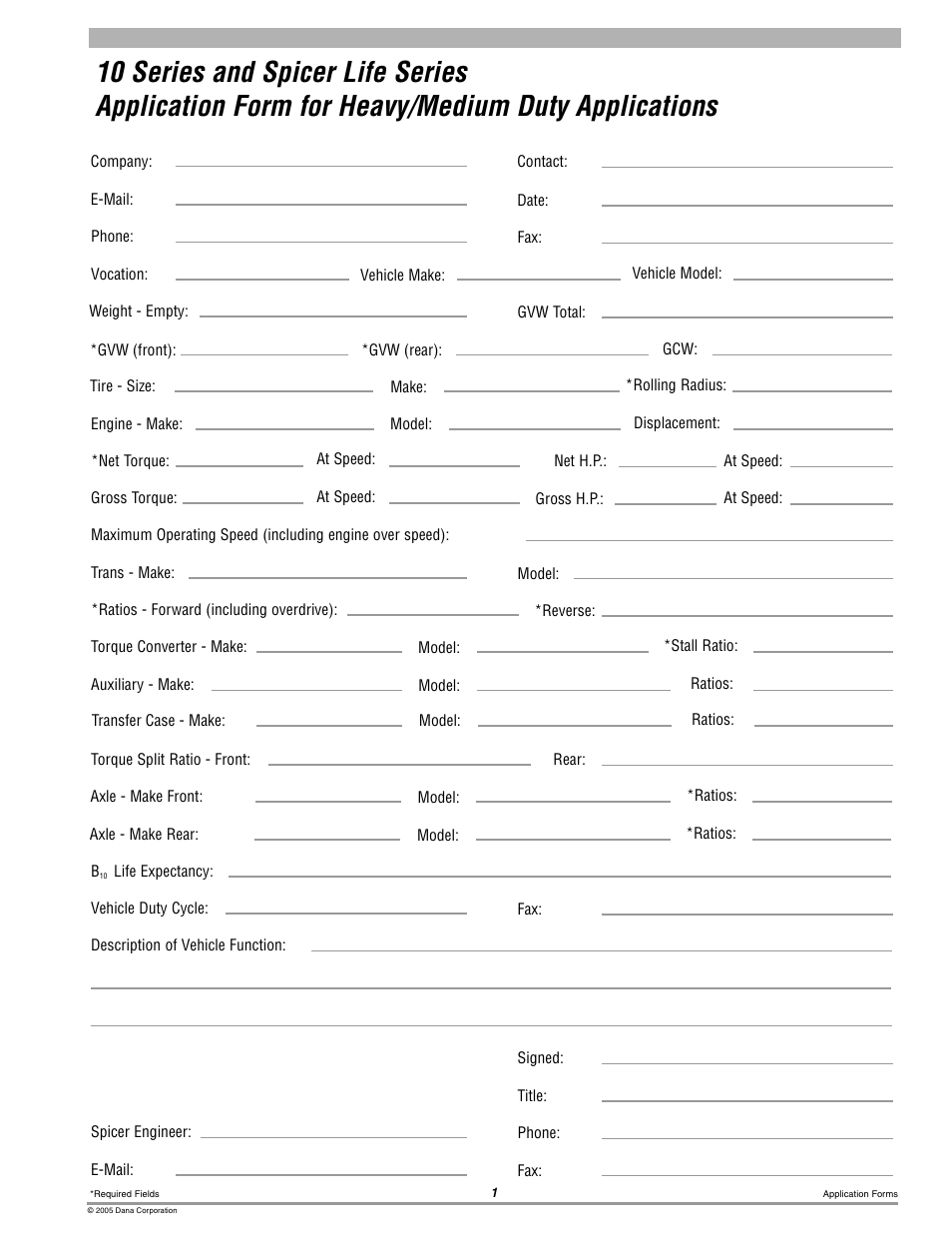 Applicatio form 10-series & spl-front | Spicer Universal Joint Kits User Manual | Page 6 / 9