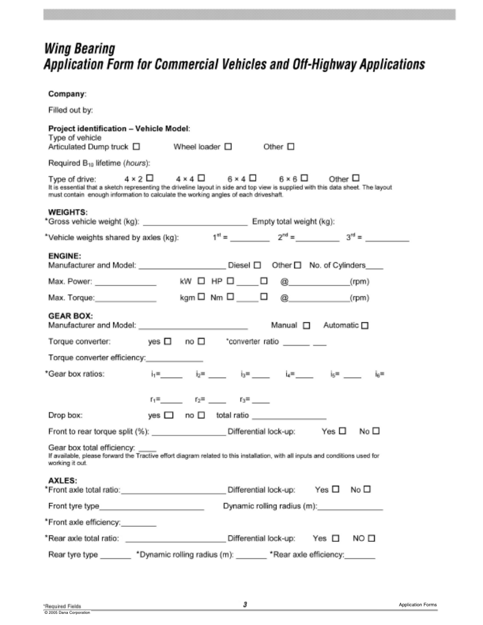 Application form - wing bearing-front | Spicer Universal Joint Kits User Manual | Page 8 / 9