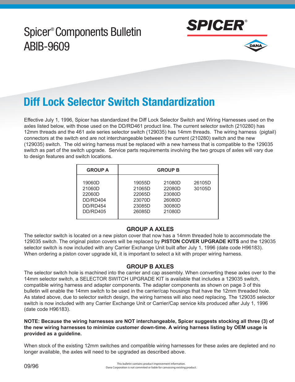 Spicer Diff Lock Selector Switch Standardization User Manual | 4 pages