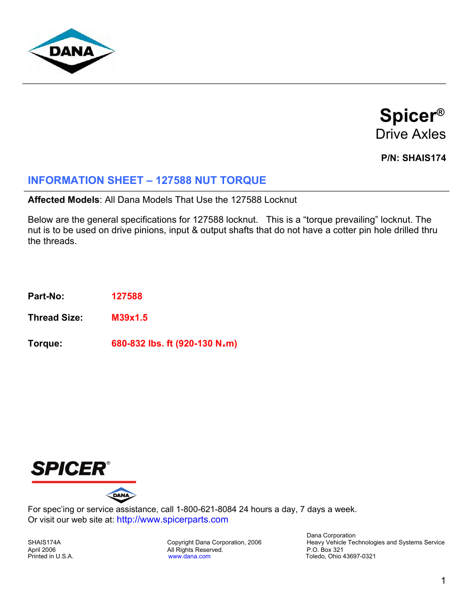 Spicer 127588 User Manual | 1 page