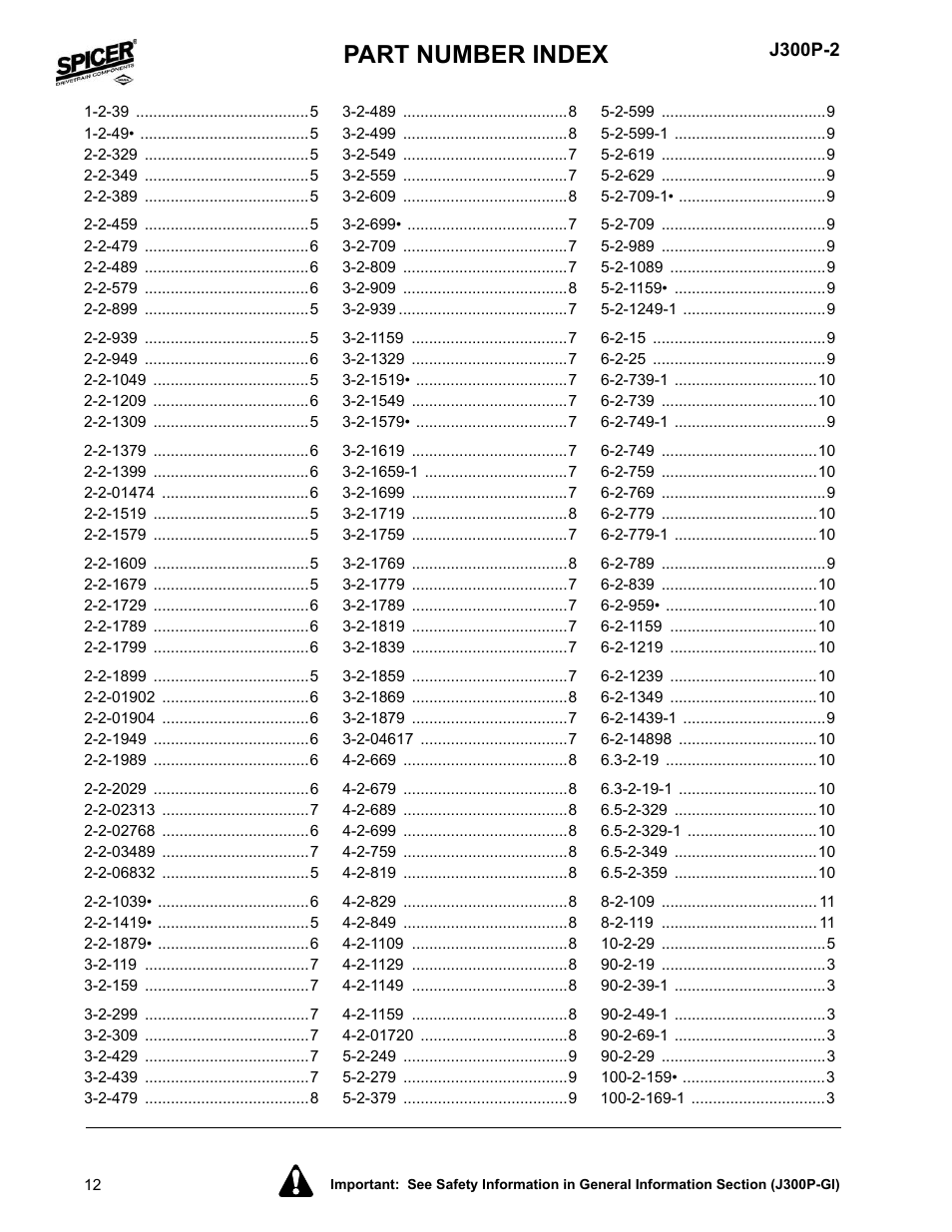 Part number index | Spicer DRIVELINE COMPONENTS CATALOG FLANGE YOKES User Manual | Page 12 / 16