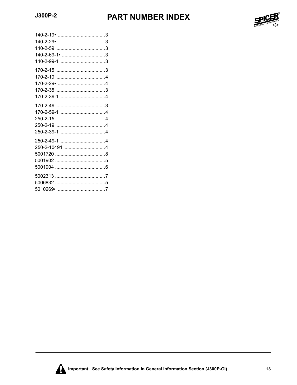 Part number index | Spicer DRIVELINE COMPONENTS CATALOG FLANGE YOKES User Manual | Page 13 / 16