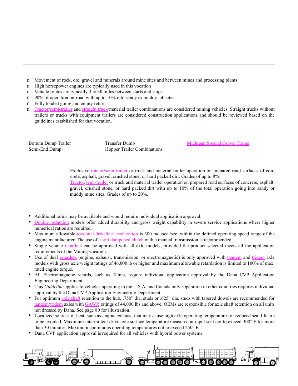 Mining, Vocational description, Typical vehicle types | Service definitions, General requirements and recommendations, Housing structural ratings | Spicer Drive Axles Application Guidelines User Manual | Page 28 / 113