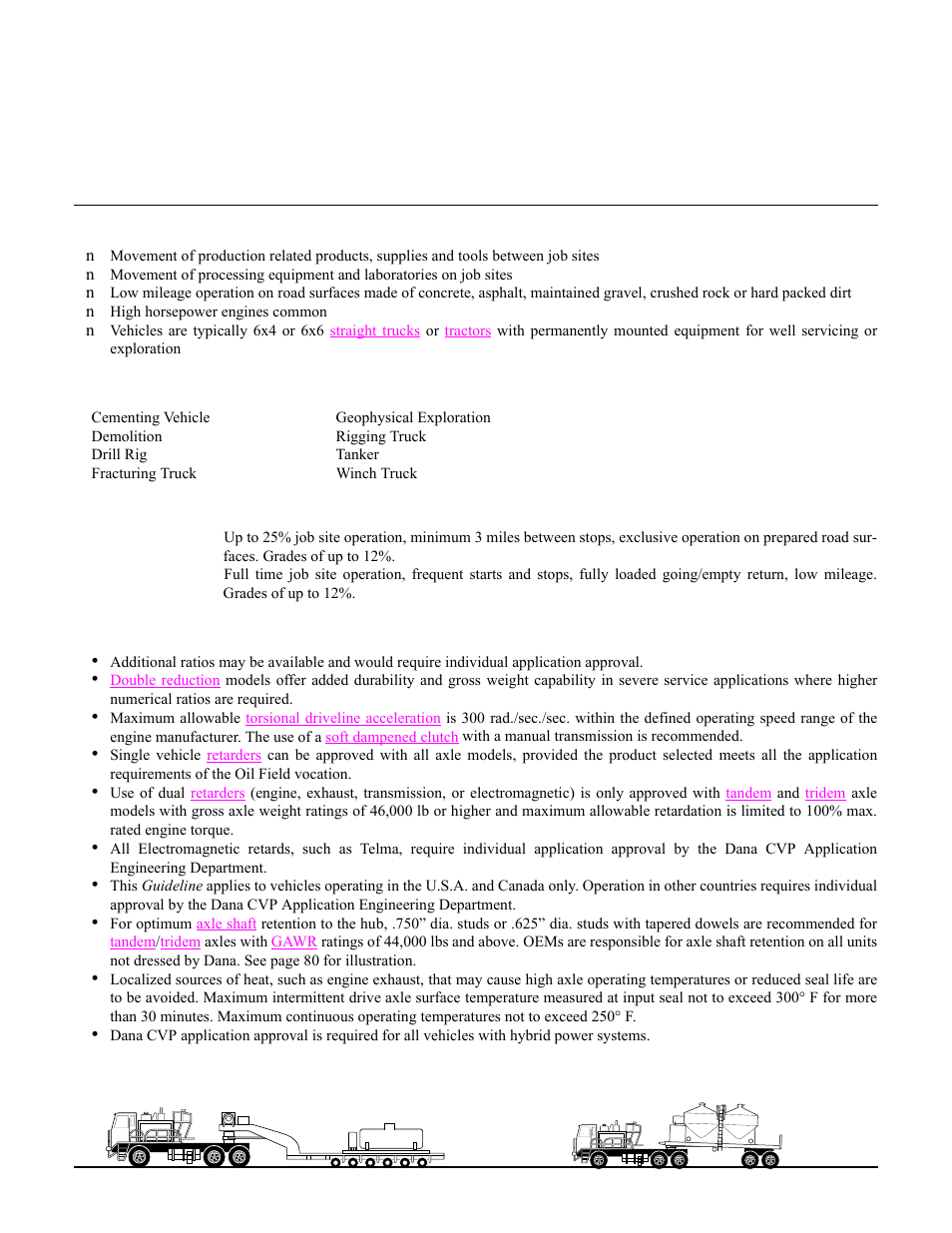 Oil field, Vocational description, Typical vehicle types | General requirements and recommendations, Housing structural ratings (see table of contents), Service definitions, Housing structural ratings | Spicer Drive Axles Application Guidelines User Manual | Page 34 / 113