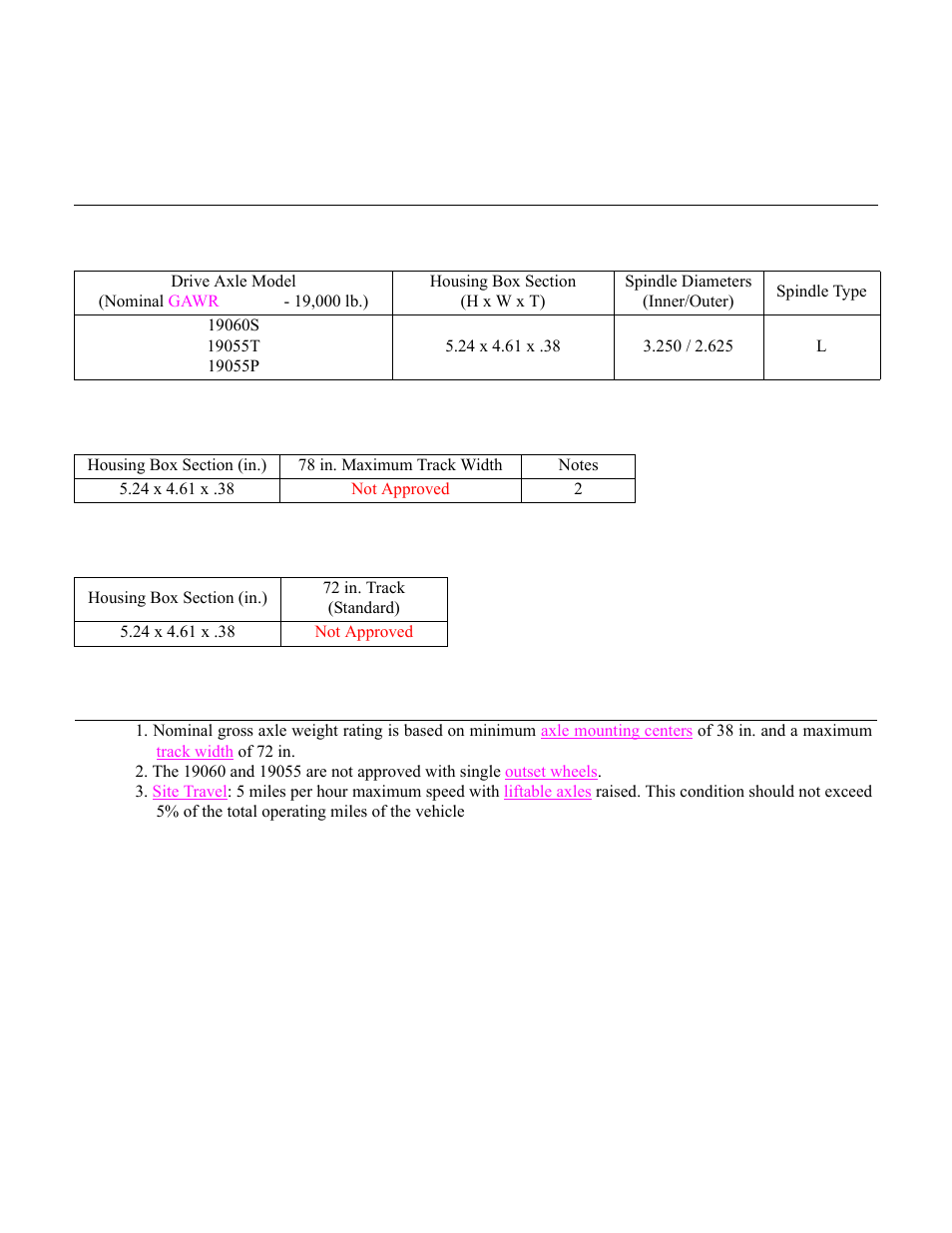 19,000 lb. housing structural ratings, Housing dimensions (standard track width) | Spicer Drive Axles Application Guidelines User Manual | Page 50 / 113
