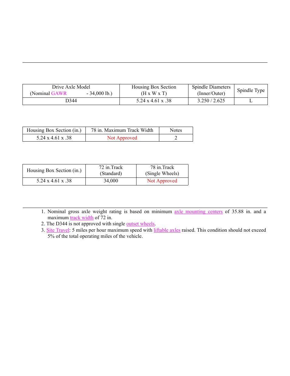 34,000 lb. housing structural ratings, Housing dimensions (standard width) | Spicer Drive Axles Application Guidelines User Manual | Page 57 / 113