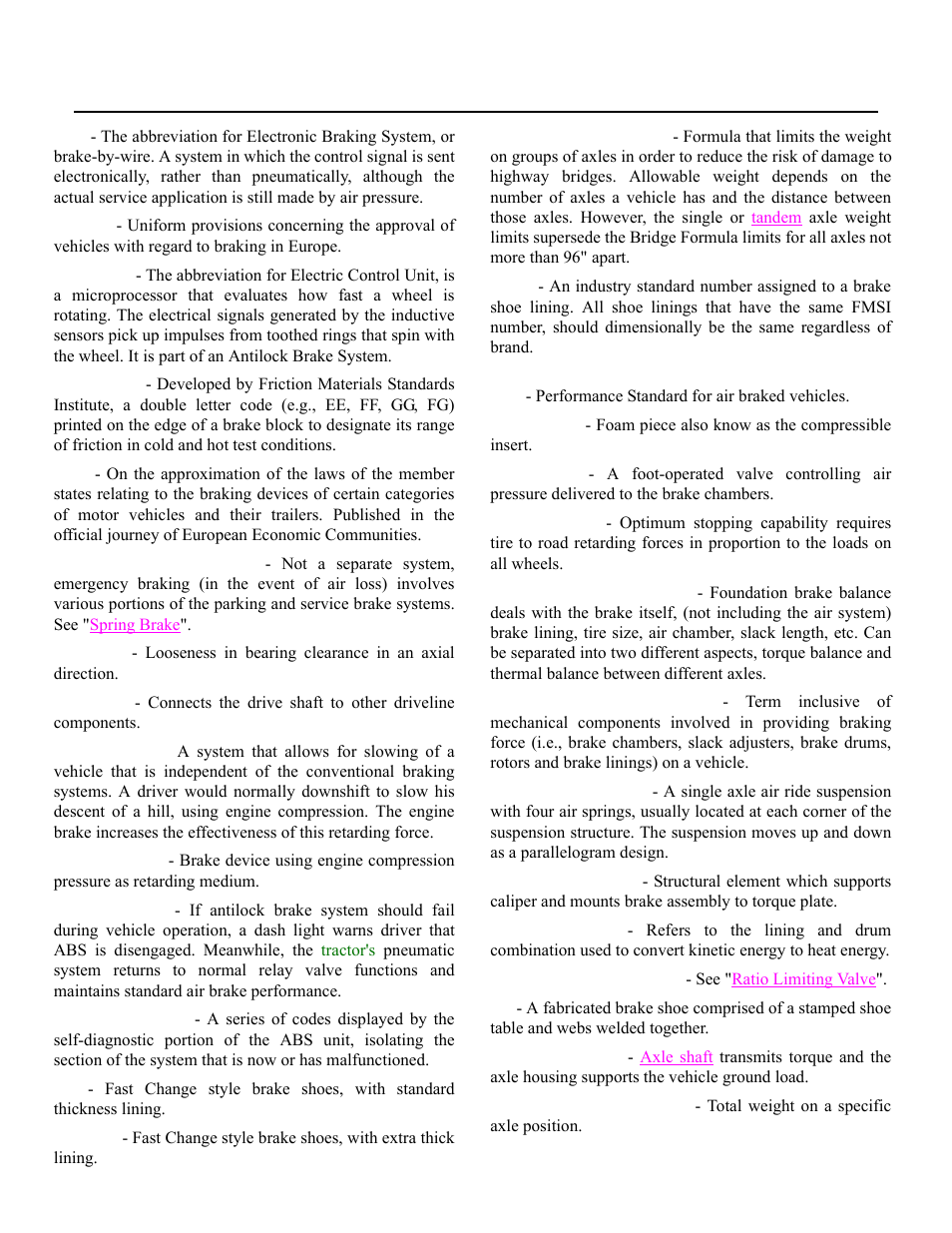 Glossary, Federal bridge formula, Engine brake | Exhaust brake | Spicer Drive Axles Application Guidelines User Manual | Page 97 / 113
