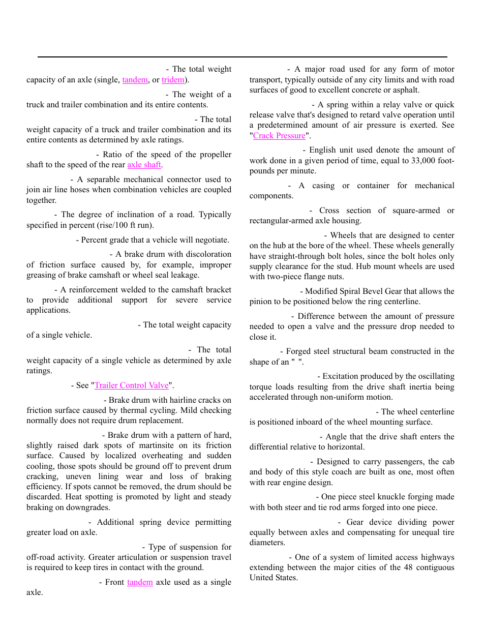 Glossary, Gawr, Housing box section | Integral coach, Gine, Nominal, Housing box section (in.), See no, See note 1), See n | Spicer Drive Axles Application Guidelines User Manual | Page 98 / 113