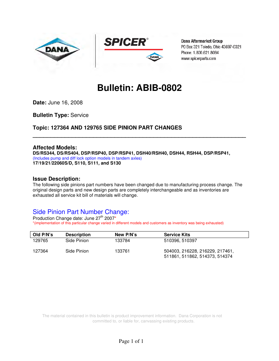 Spicer 129765 User Manual | 1 page