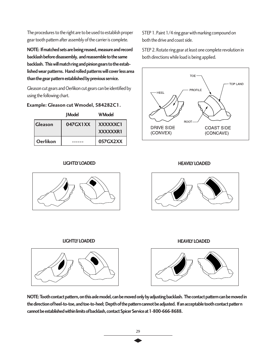 Ring & pinion contact pattern, Ring gear and pinion tooth contact pattern, Correct gear patterns for gleason cut gears | Correct gear patterns for orlikon cut gears | Spicer Tandem Drive Axles Service Manual J340-S, J380-S, J400-S, W460-S User Manual | Page 31 / 40