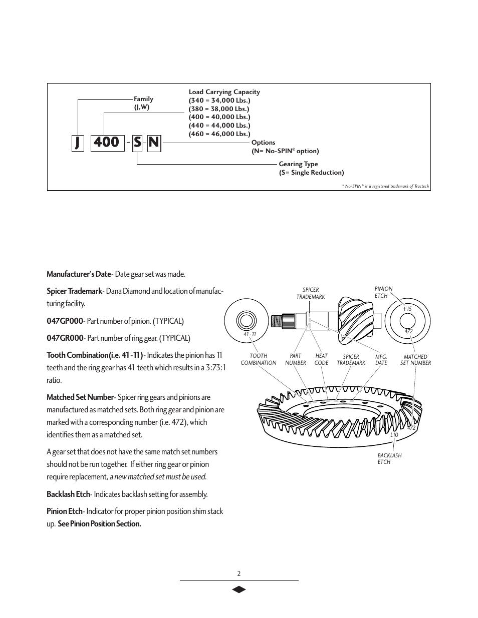 Model/gear set identification, J 400, Model identification numbering system | Gear set identification | Spicer Tandem Drive Axles Service Manual J340-S, J380-S, J400-S, W460-S User Manual | Page 4 / 40