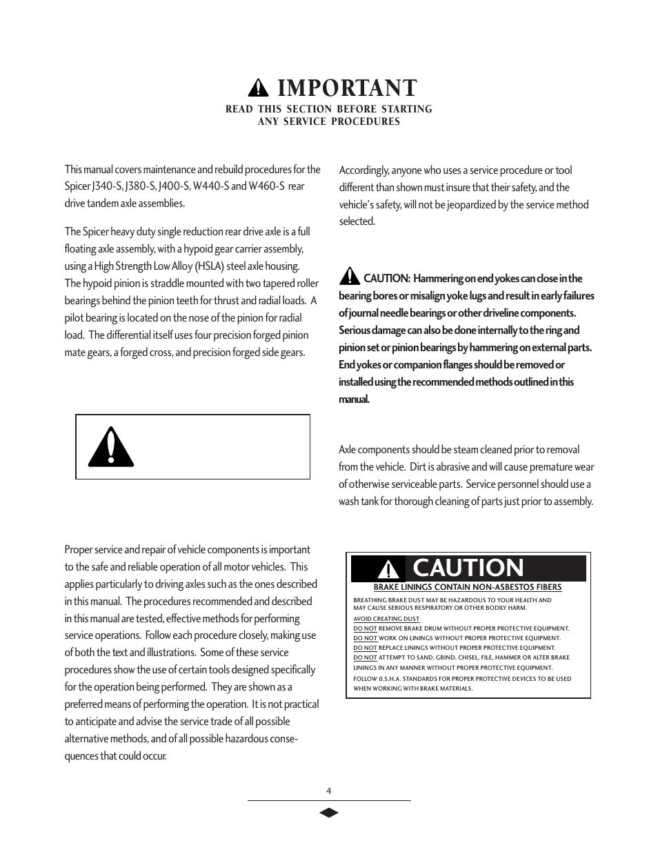 General precautions, Caution, Important | Spicer Tandem Drive Axles Service Manual J340-S, J380-S, J400-S, W460-S User Manual | Page 6 / 40