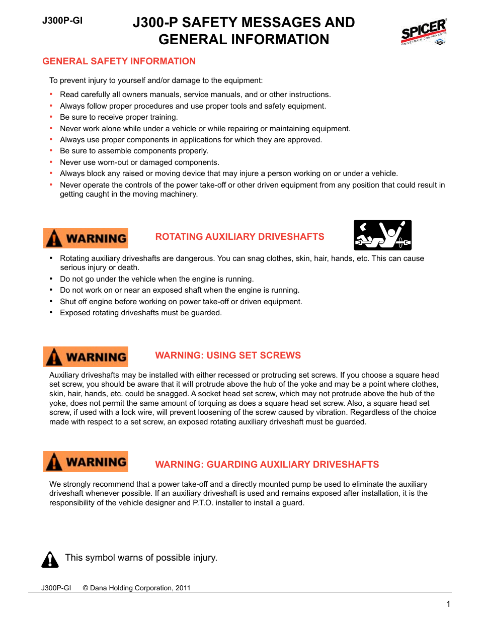 Spicer J300-P Safety Messages and General Information User Manual | 4 pages